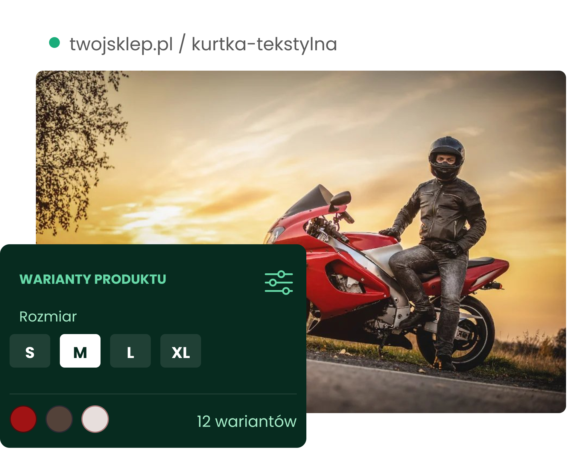 Sklep internetowy z branży motoryzacyjnej Mężczyzna na motorze prezentujący kurtkę motocyklową dostępną w trzech kolorach i czterech rozmiarach.