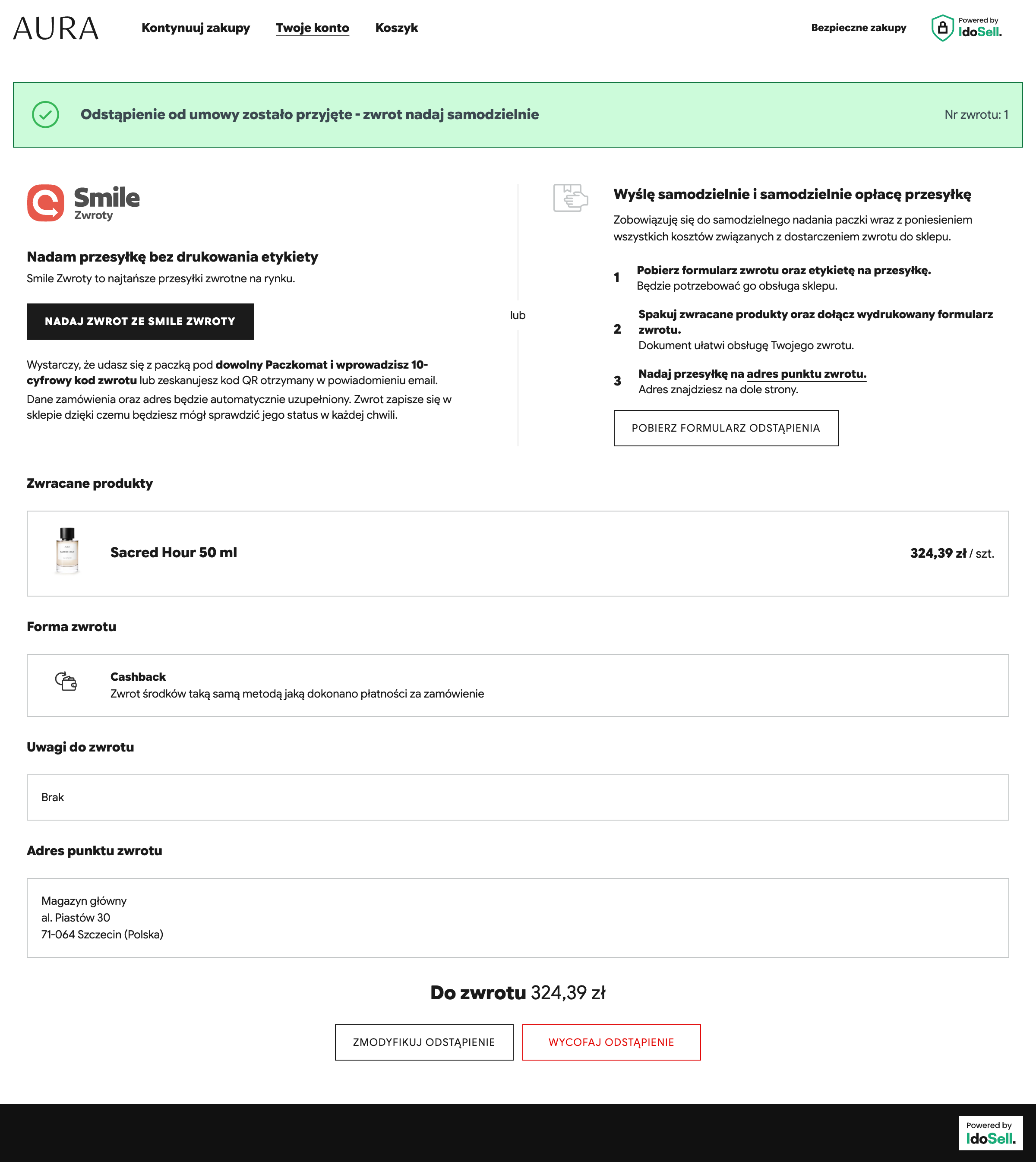 Potwierdzenie przyjęcia odstąpienia Potwierdzenie przyjęcia odstąpienia