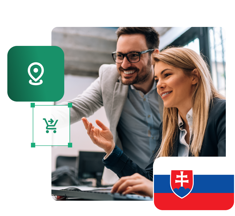 Sprzedaż na Słowację we własnych sklepie internetowym i na marketplace'ach. Dwoje sprzedawców e-commerce planuje sprzedaż na Słowację w panelu IdoSell, obok flaga Słowacji i ikony lokalizacji oraz koszyka.