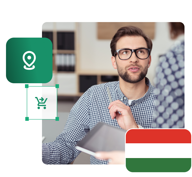 Jak sprzedawać na Węgrzech? Sklep + marketplace Sprzedawca e-commerce z tabletem planuje sprzedaż na Węgry, obok flaga Węgier i ikony lokalizacji oraz koszyka