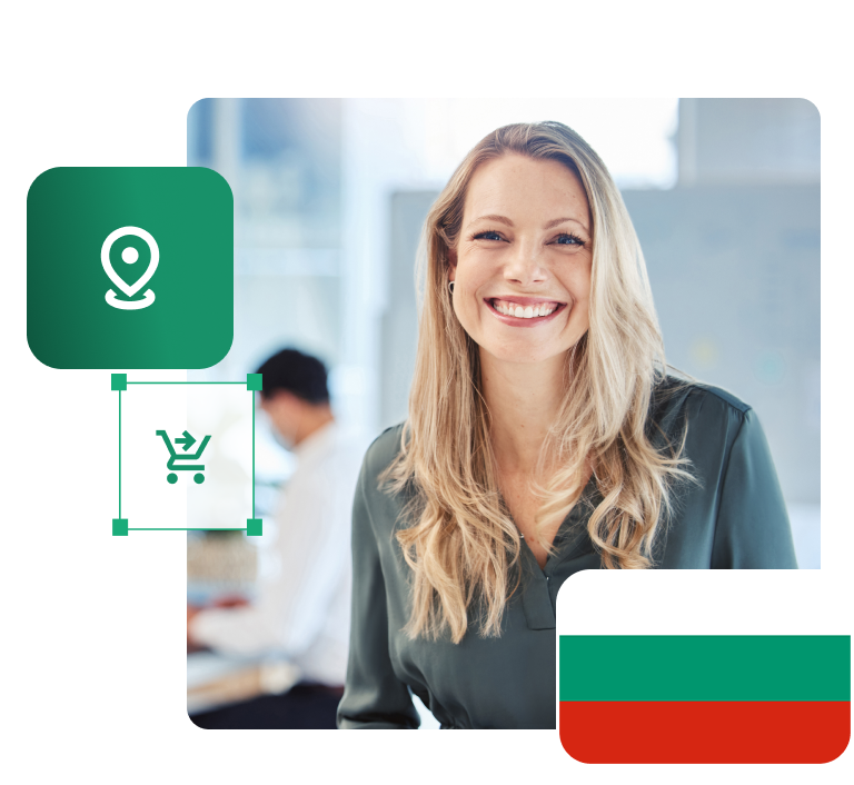 Sprzedaż do Bułgarii we własnym sklepie internetowym i na marketplace Uśmiechnięta sprzedawczyni e-commerce planująca sprzedaż do Bułgarii, obok flaga Bułgarii i ikony lokalizacji oraz koszyka