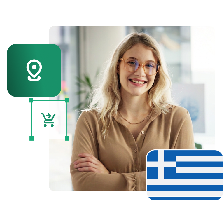 Sprzedaż do Grecji z IdoSell – sklep internetowy i marketplace. Uśmiechnięta sprzedawczyni e-commerce planująca sprzedaż do Grecji, obok flaga Grecji i ikony lokalizacji oraz koszyka.