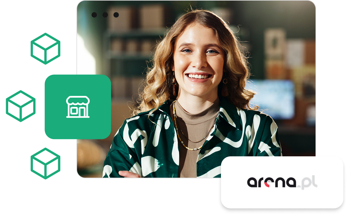 Integracja sklepu internetowego z Arena.pl Uśmiechnięta kobieta w magazynie oraz logo Arena.pl