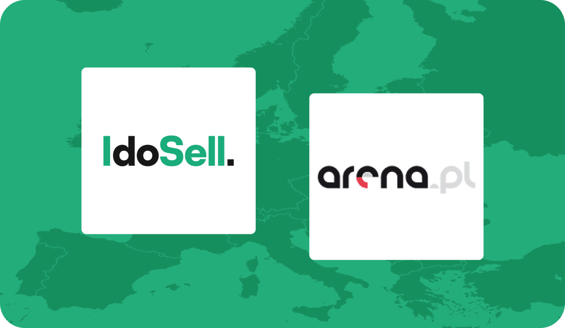 Integracja IdoSell z Arena.pl Logotypy IdoSell i Arena.pl na tle zielonej mapy Europy