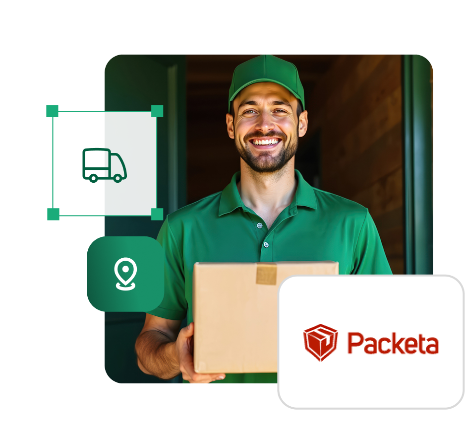 Integracja IdoSell z Packeta – dostawa do Czech, Słowacji i całej Europy Środkowo-Wschodniej Kurier w zielonej koszulce i czapce trzymający kartonową paczkę, obok ikony ciężarówki i pinezki lokalizacji oraz logo Packeta.