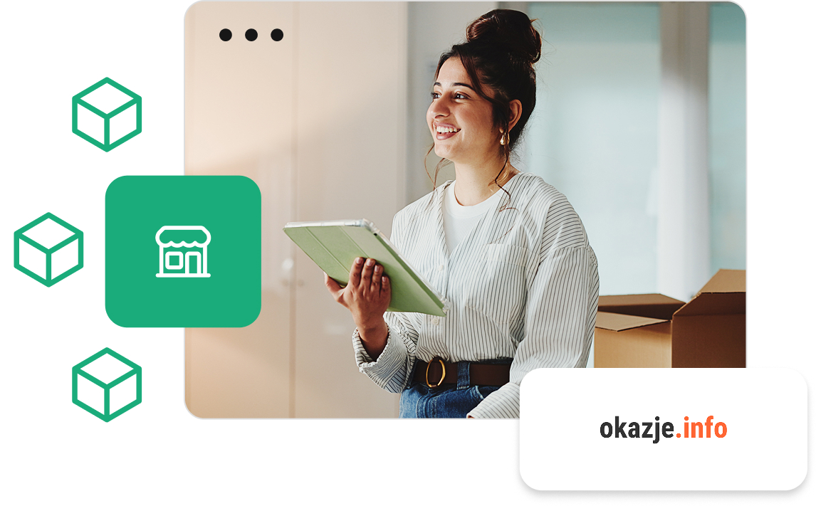 Integracja IdoSell z Okazje.info Uśmiechnięta właścicielka sklepu z tabletem w magazynie - integracja IdoSell z porównywarką Okazje.info