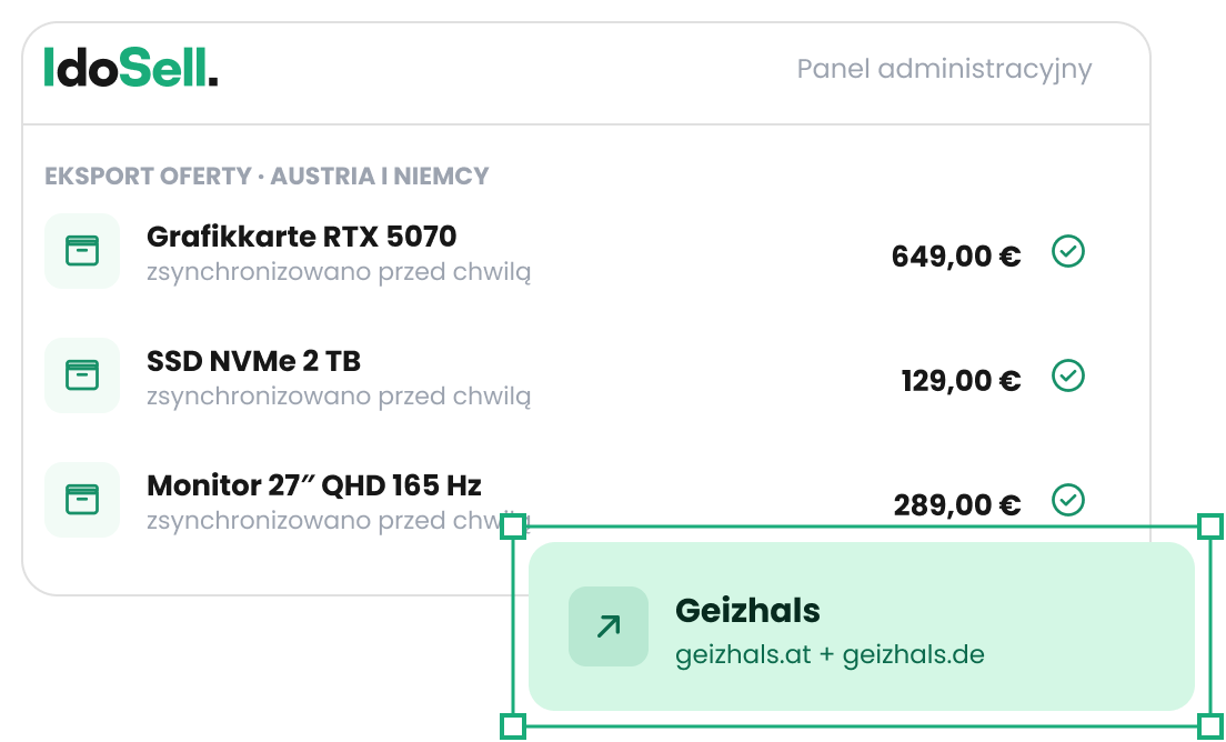 Jak działa integracja IdoSell z Geizhals Schemat integracji - eksport oferty sklepu z panelu IdoSell do porównywarki Geizhals w Niemczech i Austrii