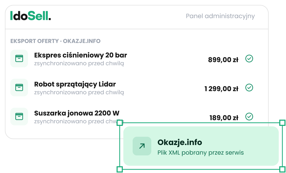 Schemat integracji - plik z ofertą sklepu przekazywany z panelu IdoSell do porównywarki Okazje.info Jak działa integracja IdoSell z Okazje.info