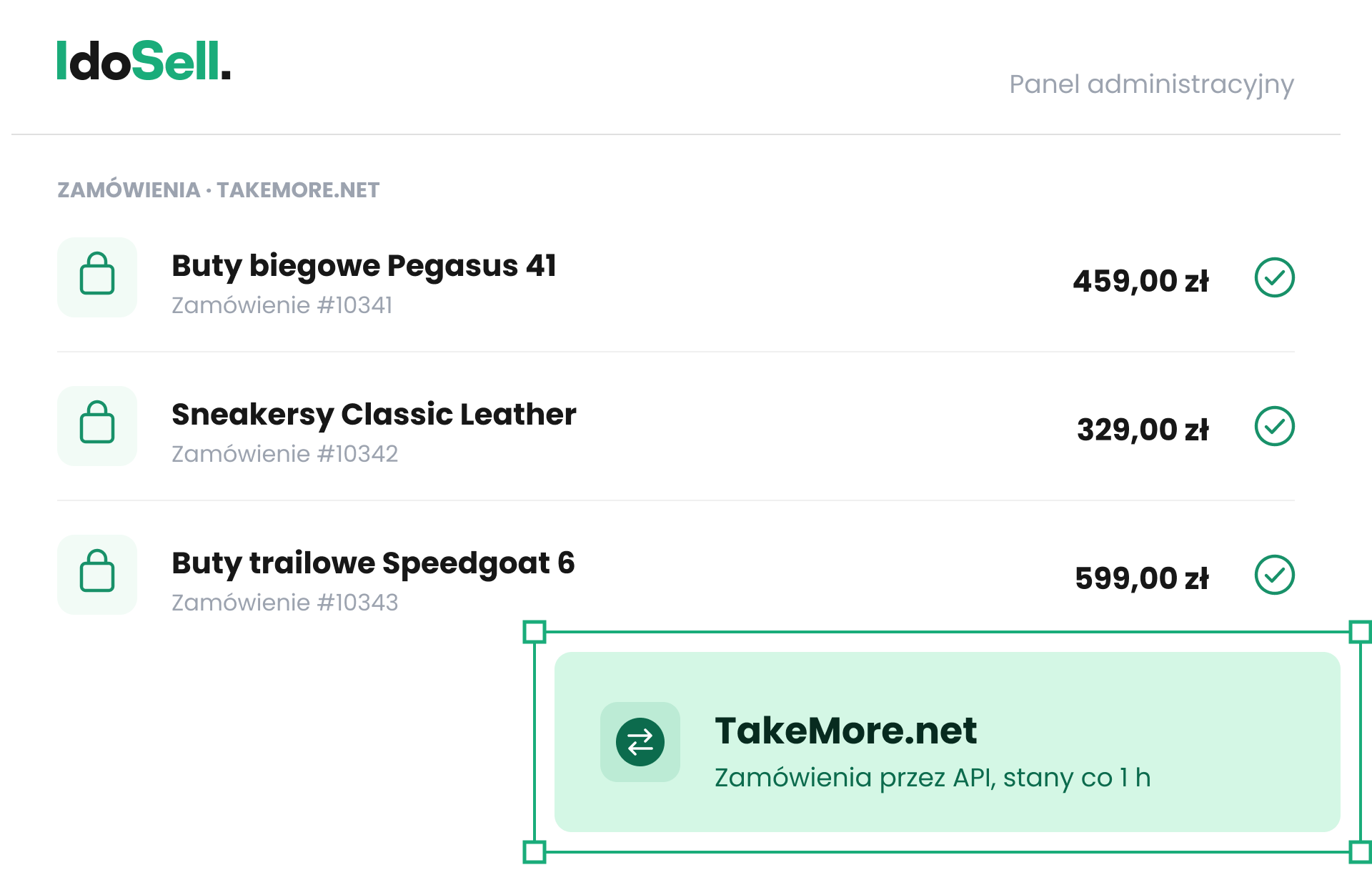 Integracja IdoSell z TakeMore.net Schemat integracji - zamówienia z TakeMore.net pobierane przez API do panelu IdoSell, stany synchronizowane automatycznie