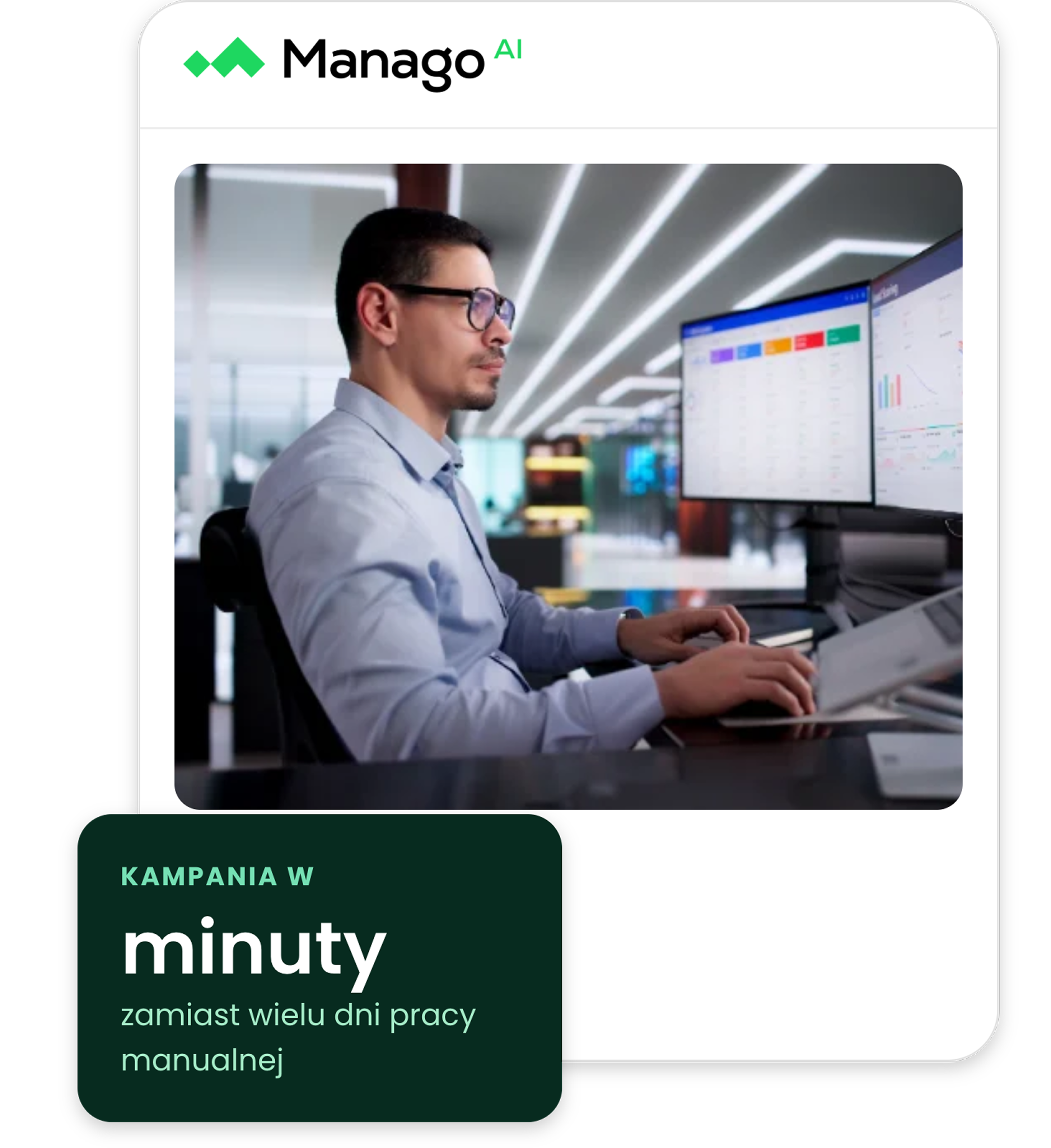 Interfejs Manago AI z hasłem „Kampania w minuty zamiast wielu dni pracy manualnej” Marketer analizujący dane kampanii na monitorach oraz plansza Manago AI z hasłem „Kampania w minuty zamiast wielu dni pracy manualnej”