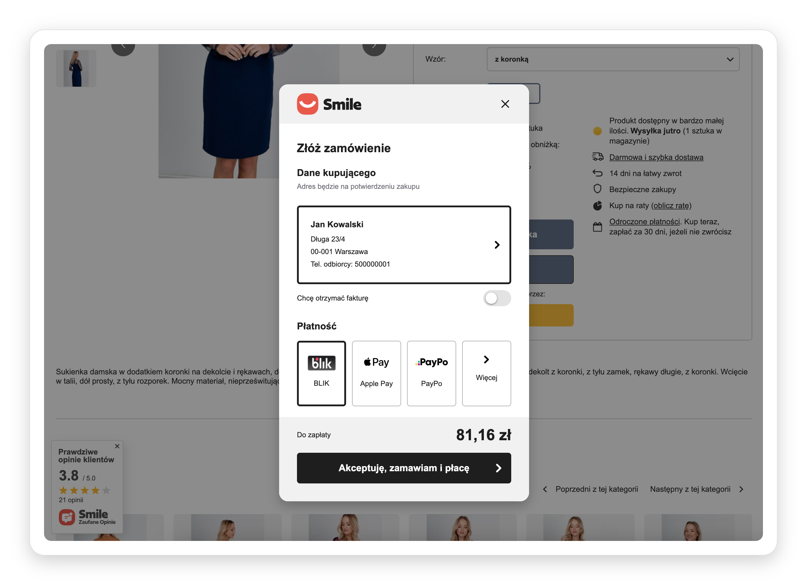 Express Checkout – szybkie złożenie zamówienia i płatność Okno Express Checkout i Smile z danymi kupującego oraz wyborem płatności (BLIK, Apple Pay, PayPo) i przyciskiem „Akceptuję, zamawiam i płacę”.
