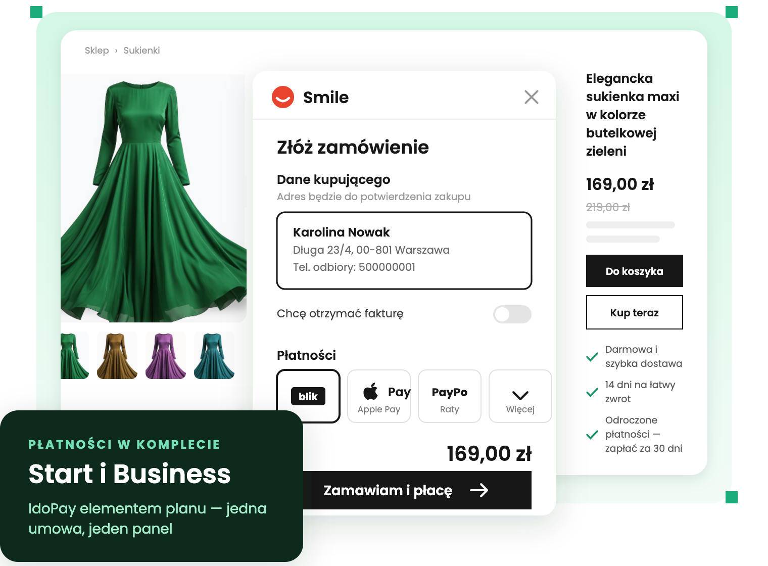 IdoPay w komplecie z planem IdoSell – jedna umowa, jeden panel Checkout sklepu z płatnościami IdoPay: BLIK, Apple Pay i PayPo przy zamówieniu sukienki — IdoPay w planach Start i Business w ramach jednej umowy