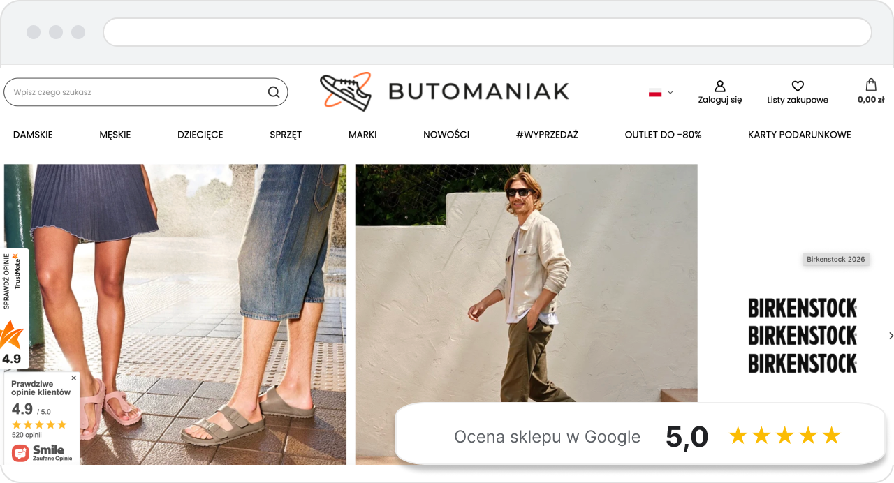 Opinie konsumenckie Google - ocena sklepu 5,0 na stronie sklepu Strona sklepu Butomaniak z widżetem Ocena sklepu w Google 5,0 i pięcioma gwiazdkami — przykład opinii konsumenckich Google
