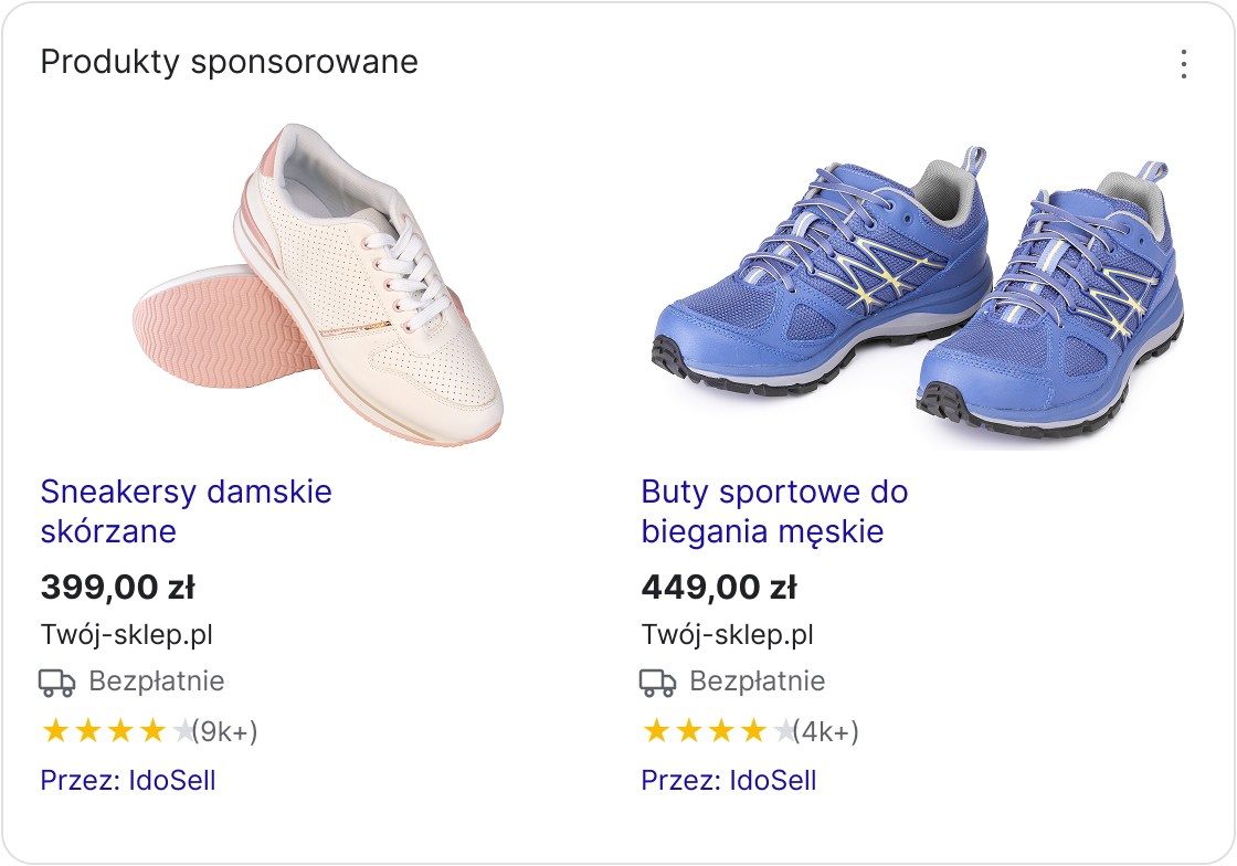 Produkty sponsorowane w Google z ocenami produktów Produkty sponsorowane w wynikach Google — buty z ceną, oceną w gwiazdkach i liczbą opinii, z adnotacją Przez: IdoSell