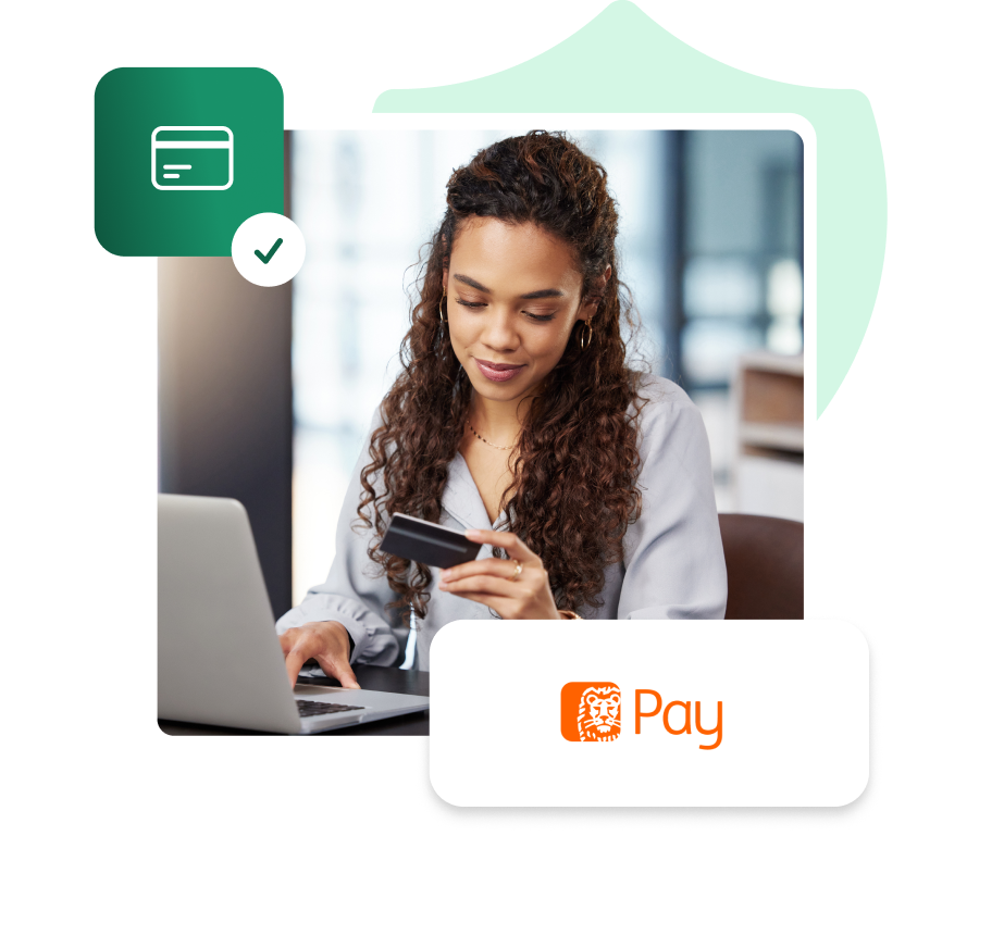Integracja IdoSell z imoje - bramka płatności ING Bank Śląski w sklepie internetowym Kobieta trzymająca kartę płatniczą i pracująca przy laptopie, logo imoje płacę online, ikona zatwierdzonej płatności kartą.