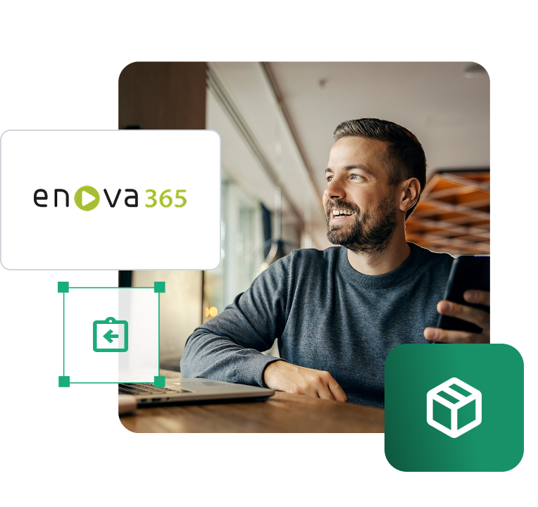 Integracja IdoSell z enova365 – synchronizacja zamówień i wysyłek Logo enova365 oraz ikony zamówienia i paczki na tle mężczyzny korzystającego z telefonu i laptopa