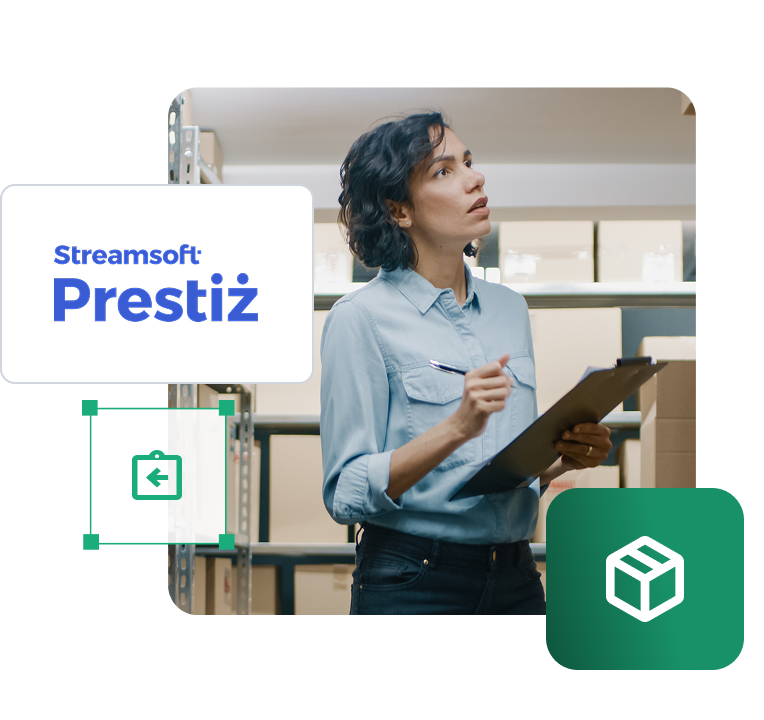 Kobieta z dokumentami w magazynie pełnym paczek, obok logo Streamsoft Prestiż - integracja z IdoSell Bridge