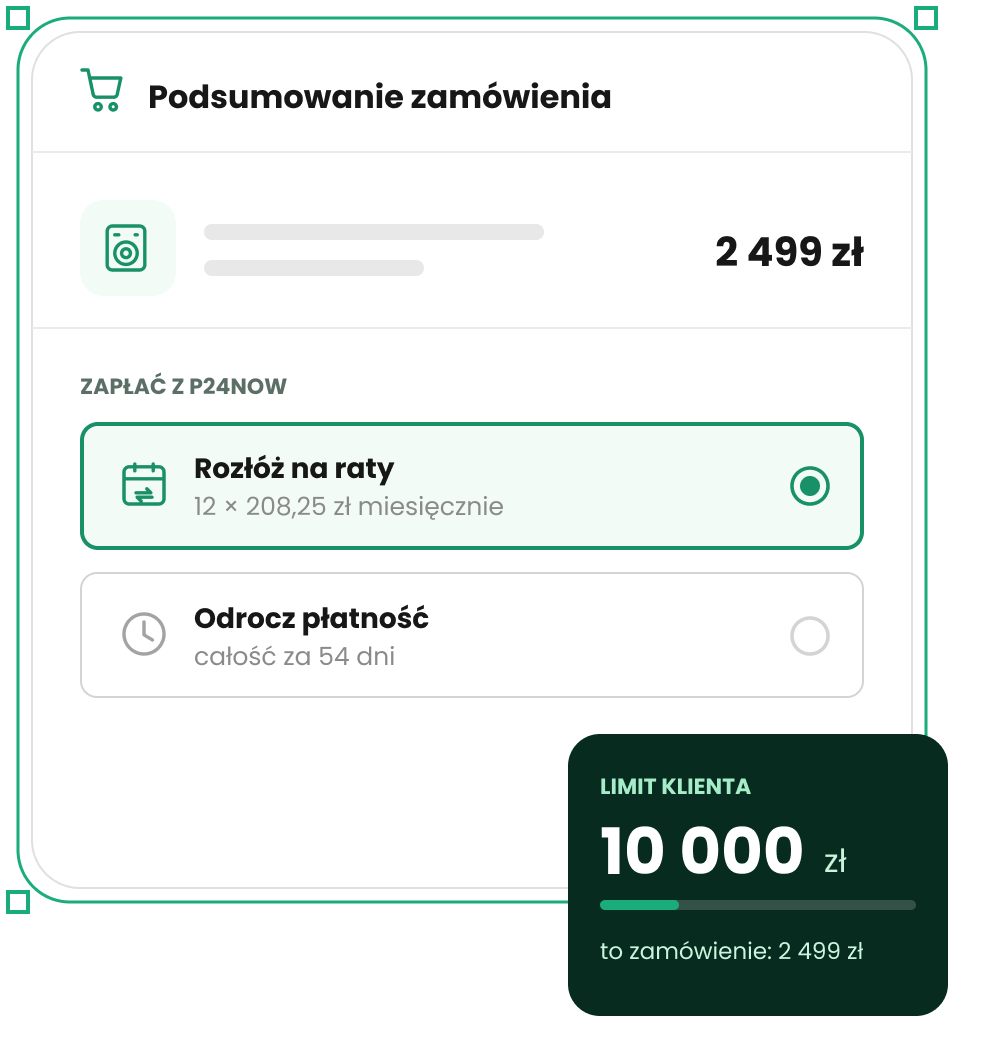 Podsumowanie zamówienia w sklepie IdoSell z płatnością P24NOW: opcja rat i odroczenia do 54 dni oraz limit klienta 10 000 zł