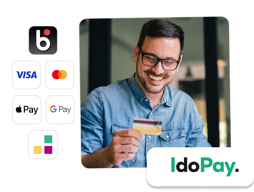 IdoPay – płatności BLIK, kartą i portfelami cyfrowymi w IdoSell Mężczyzna z kartą płatniczą, obok logo IdoPay oraz metody płatności: BLIK, Visa, Mastercard, Apple Pay i Google Pay