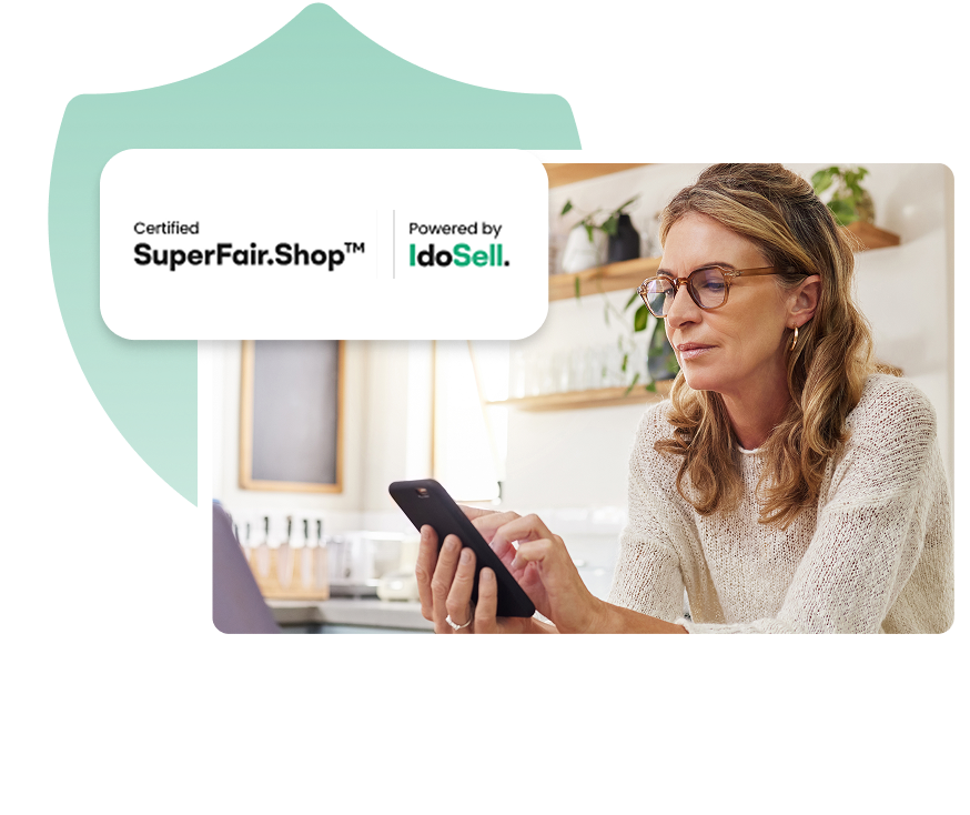 SuperFair.Shop™ – certyfikat zaufanego sklepu internetowego Kobieta kupująca przez smartfon w sklepie z certyfikatem SuperFair.Shop™ – bezpieczne i wygodne zakupy online z IdoSell
