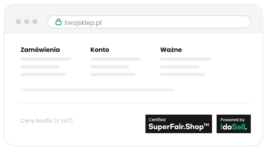 SuperFair.Shop™ w stopce sklepu – tak certyfikat widzi klient Stopka sklepu internetowego z certyfikatem SuperFair.Shop™ od IdoSell – tak wyróżnienie widzą klienci na stronie sklepu