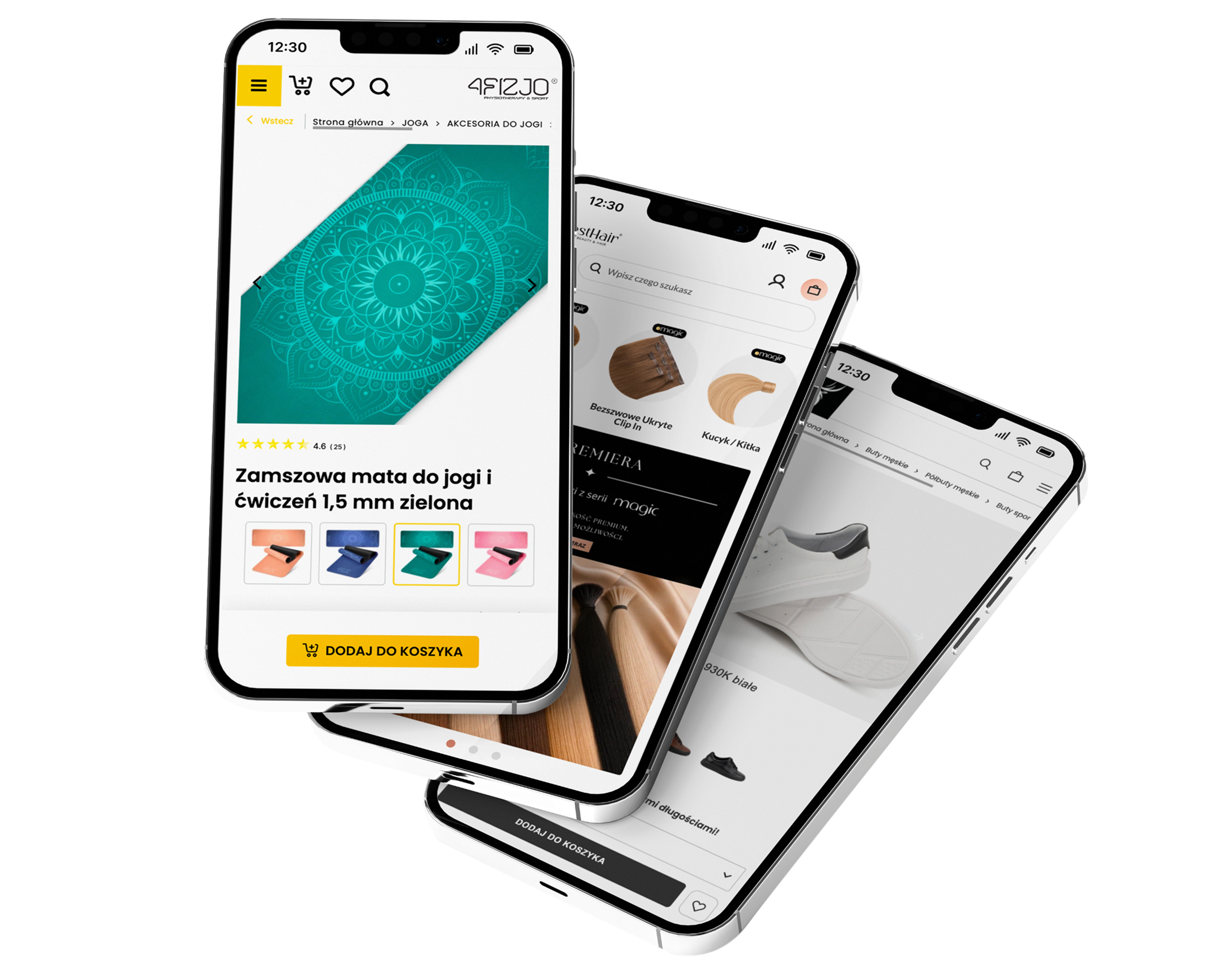Sklepy internetowe IdoSell – jedna platforma dla każdej branży Sklepy internetowe na IdoSell w widoku mobilnym – karta produktu sklepu sportowego, sklep z akcesoriami do włosów i sklep obuwniczy na ekranach smartfonów.