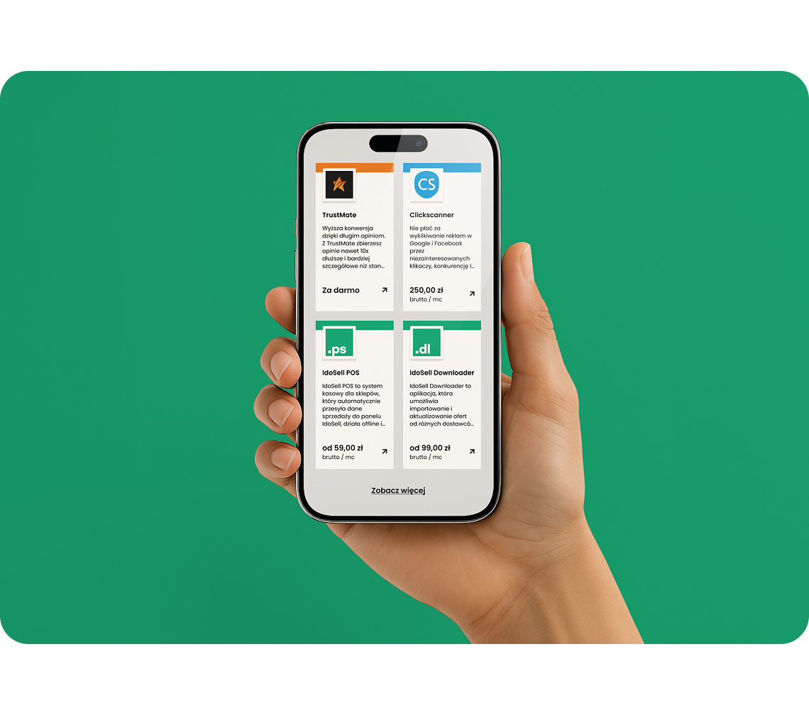 IdoSell Apps - marketplace aplikacji w IdoSell Aplikacje dostępne w IdoSell Apps - widok na smartfonie