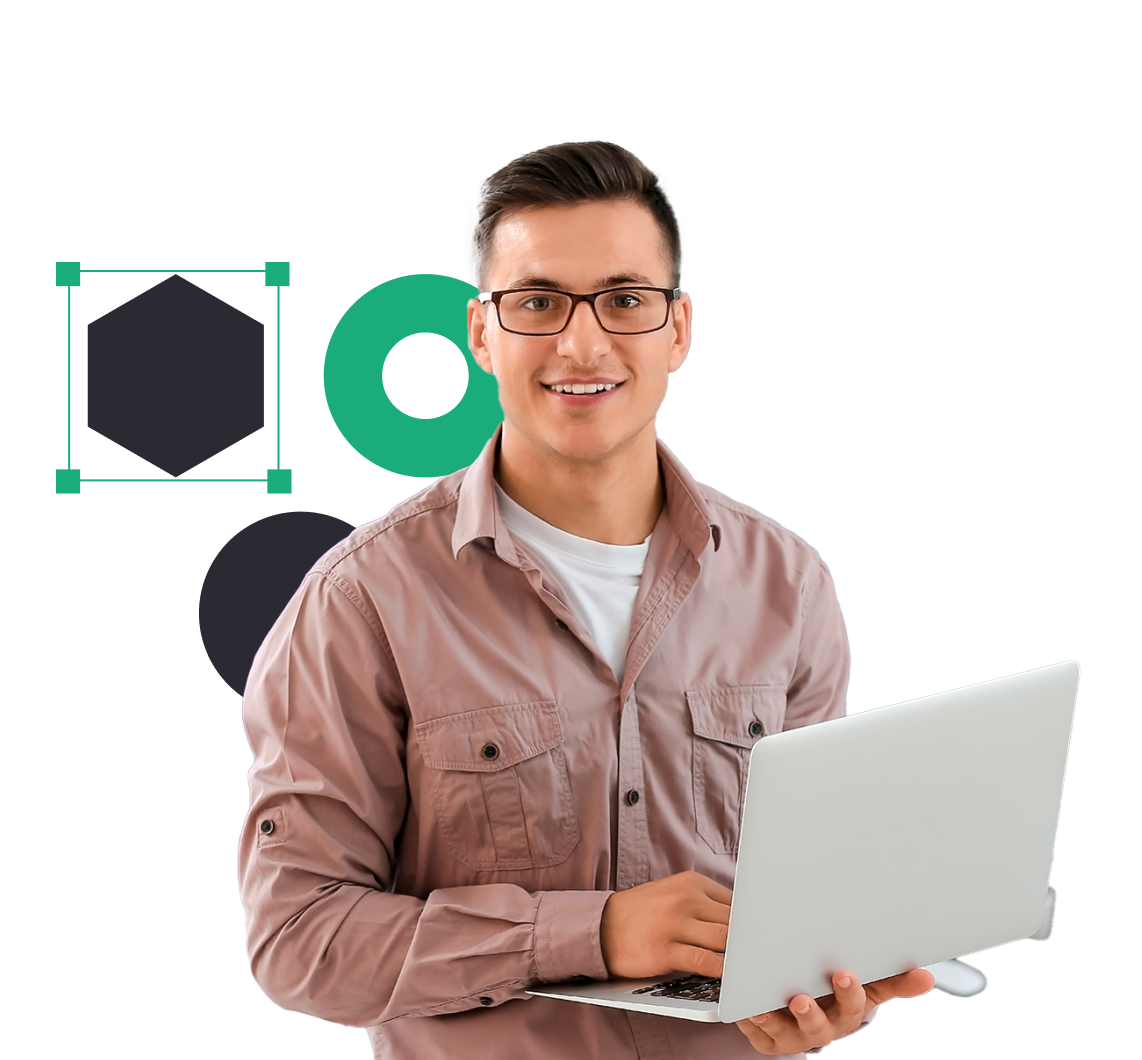 IdoSell Apps - korzyści dla developerów IdoSell Apps - developer trzymający laptop i dodający aplikację do IdoSell Apps