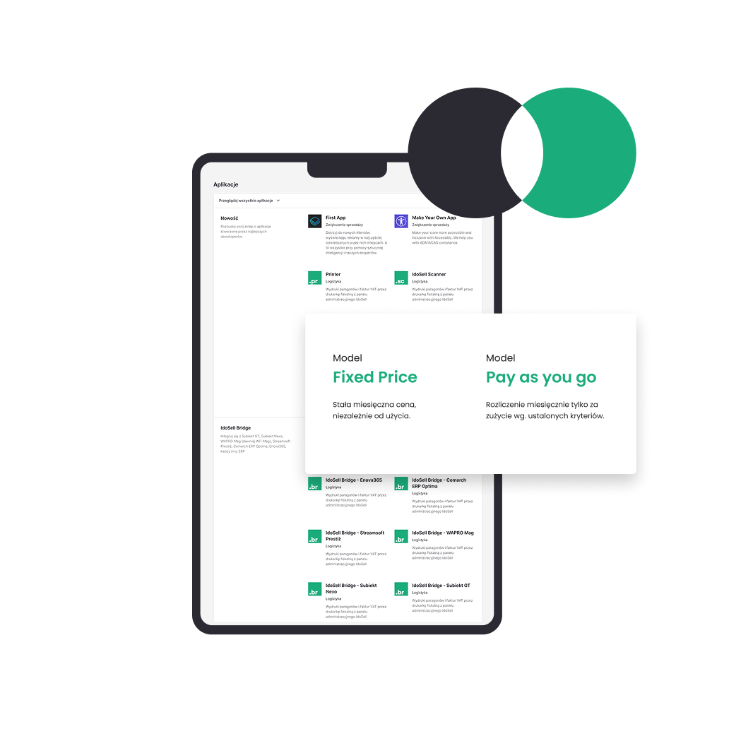 Aplikacje do sklepu internetowego IdoSell – rozliczenie w modelu Fixed Price lub Pay as you go Panel aplikacji IdoSell z modelami rozliczeń Fixed Price i Pay as you go