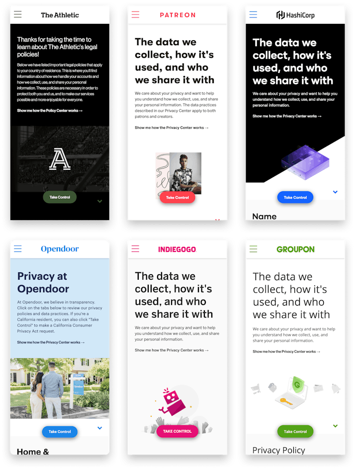 A compilation of Privacy Center screenshots from The Athletic, Patreon,  Hashicorp, Opendoor, Indiegogo, and Groupon.