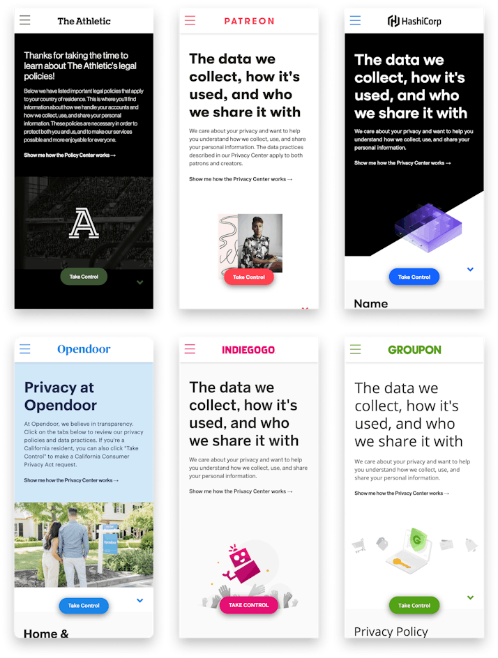 A compilation of Privacy Center screenshots from The Athletic, Patreon, Hashicorp, Opendoor, Indiegogo, and Groupon.
