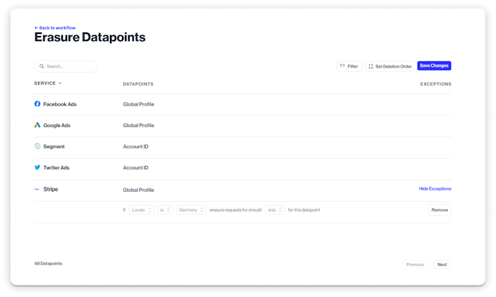 An image of the Erasure Datapoints screen in the Transcend dashboard.