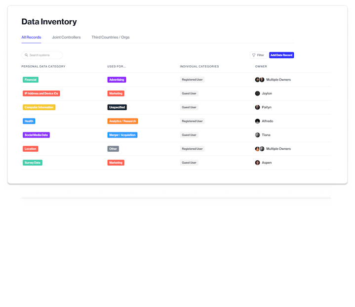 A screenshot of Transcend's Data Mapping and Inventory product for ROPA GDPR compliance
