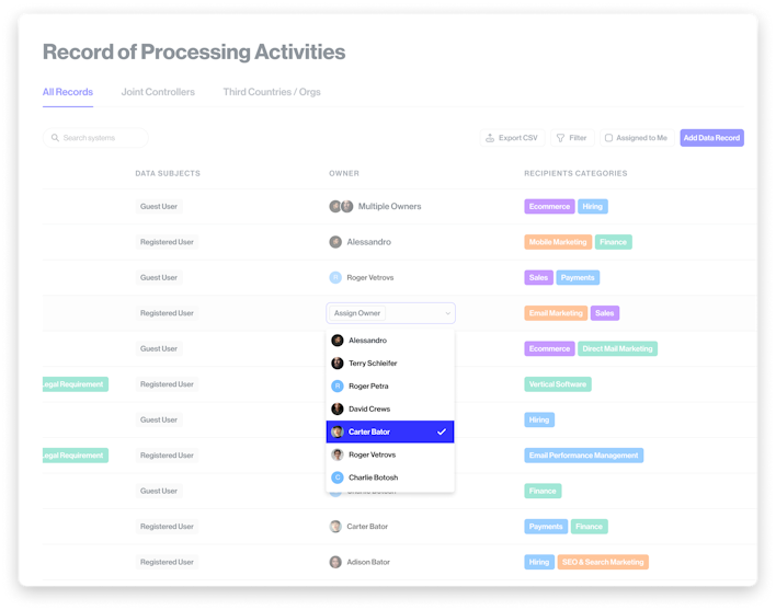 A screenshot of Transcend Data Mapping for ROPA compliance