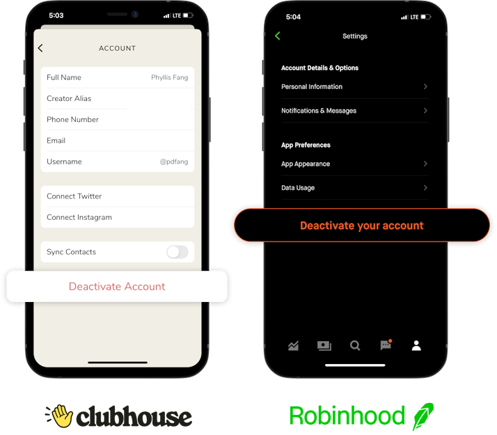 Screenshots of the Clubhouse app and the Robinhood app.