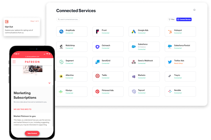 Screenshots of the Transcend platform used to manage Marketing Opt outs