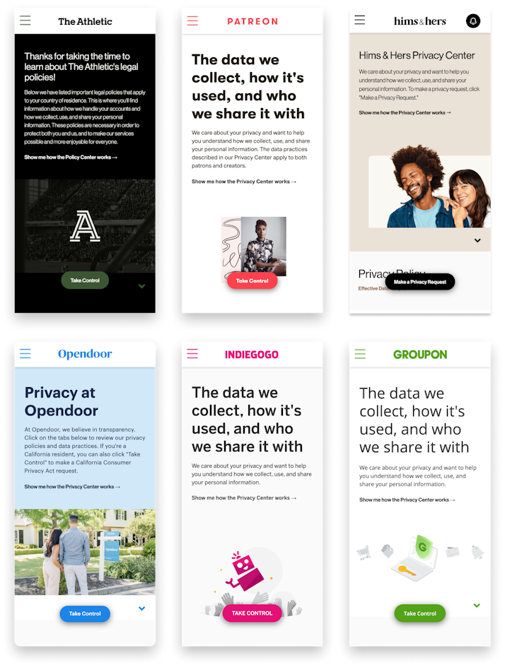 A composite of Transcend customer Privacy Centers