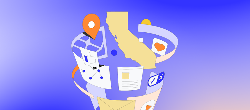 Illustration featuring california, social buttons, location marker and more on a blue gradient background.