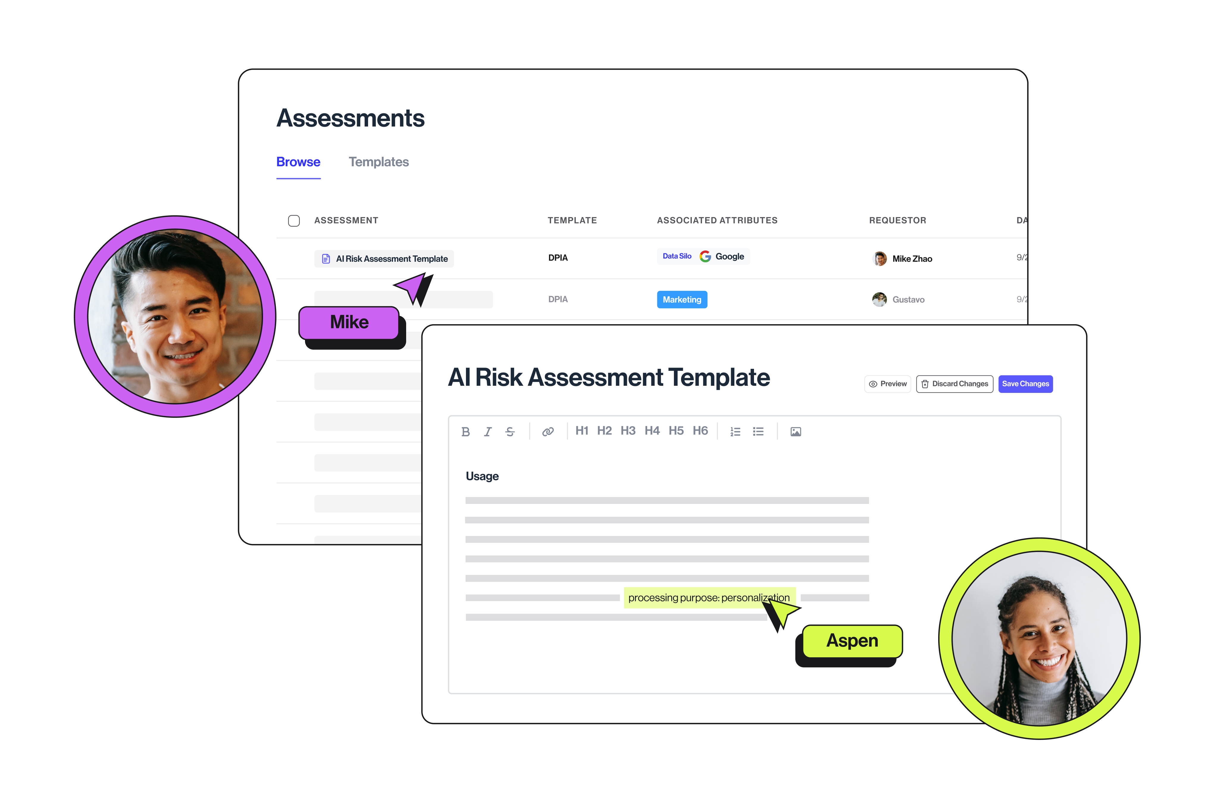 A composite screenshot of the Transcend Assessments dashboard, with an AI Risk Assessment Template in the foreground.