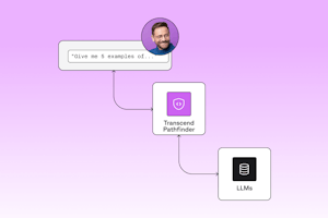 A purple to white gradient background with a styled illustration of AI governance software.
