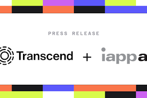 A background of colorful squares with text that reads 'Press release' and logos for Transcend and IAPP