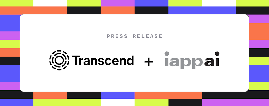 A background of colorful squares with text that reads 'Press release' and logos for Transcend and IAPP