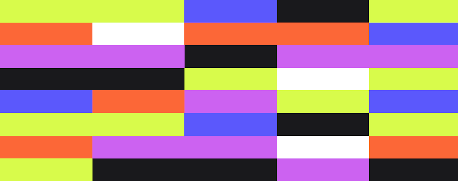 Colorful squares in purple, neon yellow, black, blue, and white