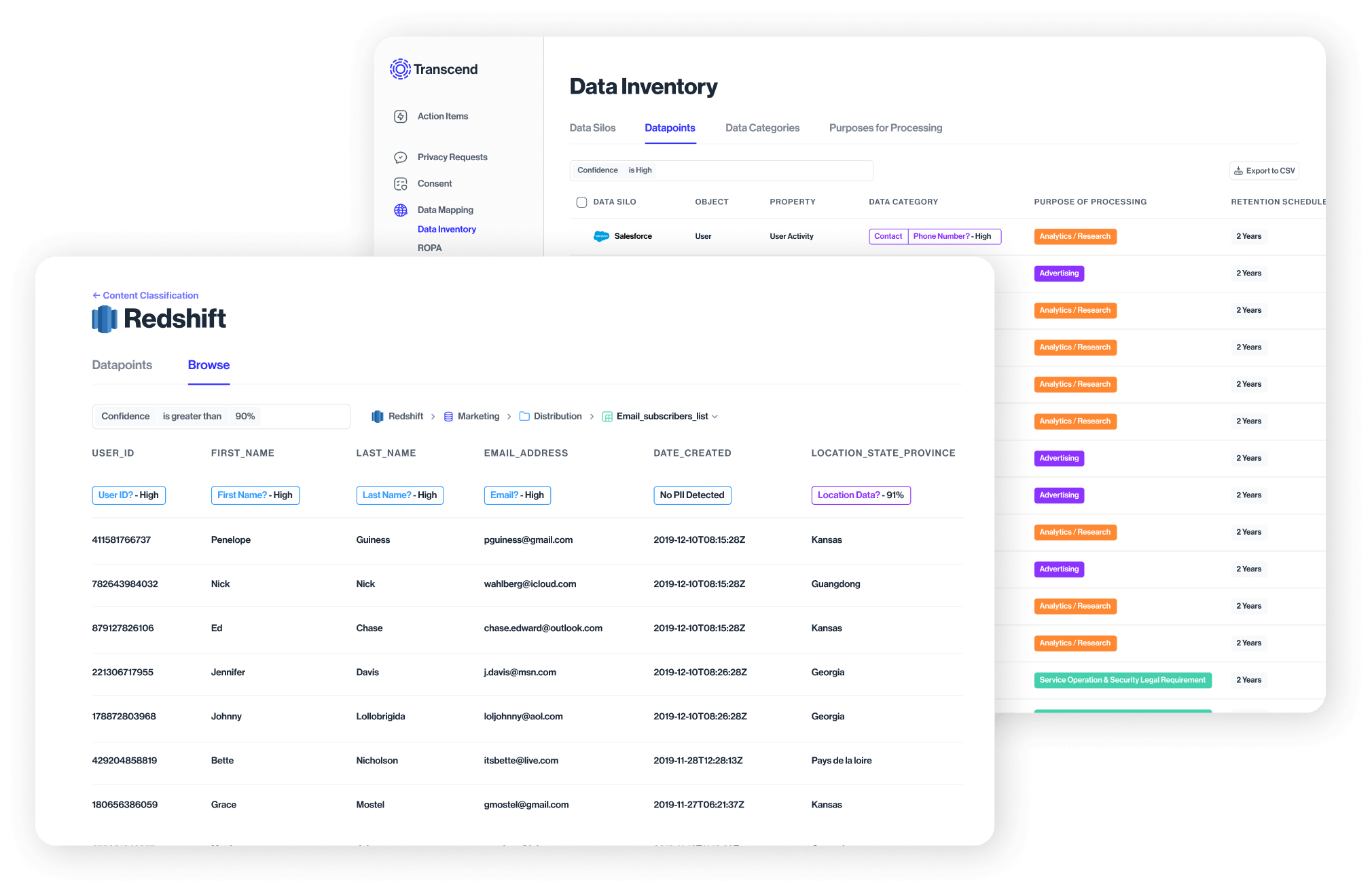 A composite of Transcend Data Mapping product screenshots