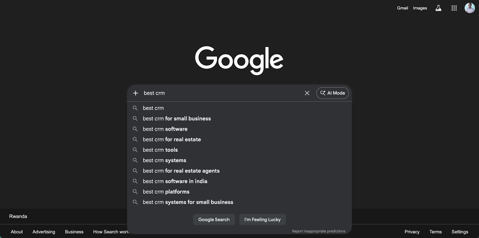 [Screenshot: Google autocomplete showing suggestions for a seed keyword]
