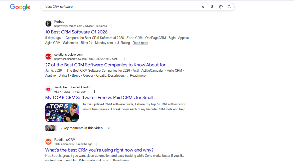 [Screenshot: Google search results for "best CRM software" showing comparison articles and review posts]