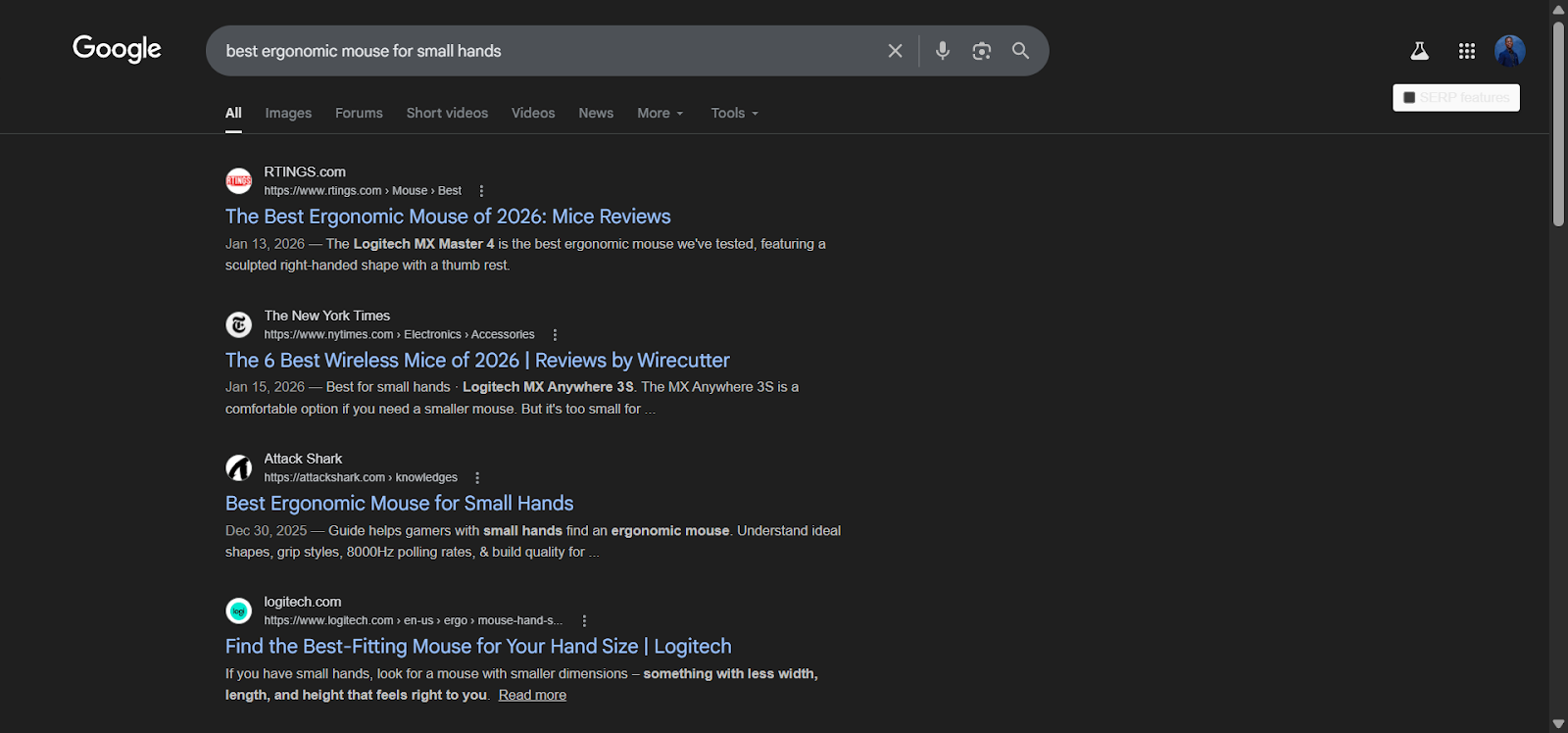 [Screenshot: Google search results for a low-competition keyword showing smaller sites ranking]