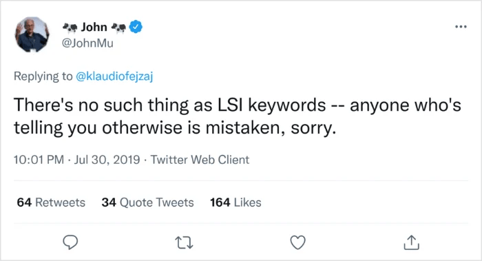 [Screenshot: John Mueller's tweet clarifying that LSI keywords aren't used by Google]