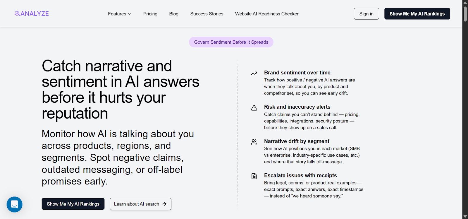[Screenshot: Analyze AI Sentiment Analysis showing sentiment tracking across AI engines over time]