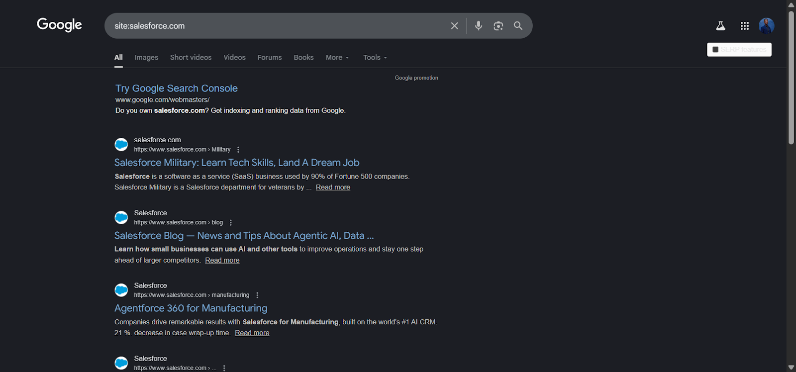 [Screenshot: Google search results using site: operator for a competitor domain]